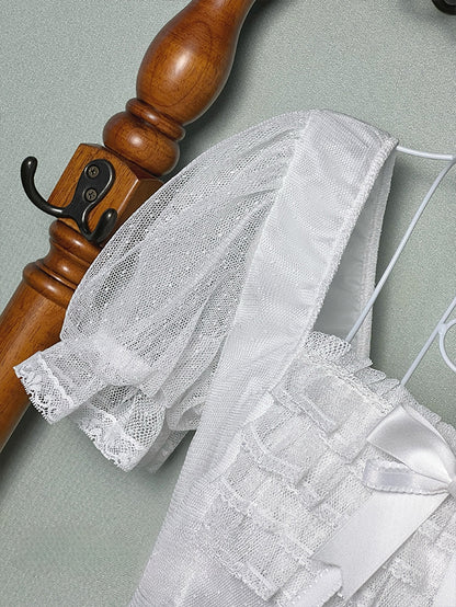 White Square Neckline Short Sleeves Blouse