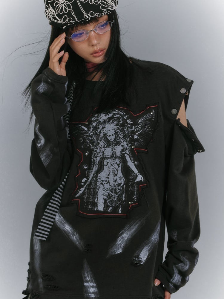 Distressed Sweatshirt Design Black Cutout Shoulder Faded Wash Applique