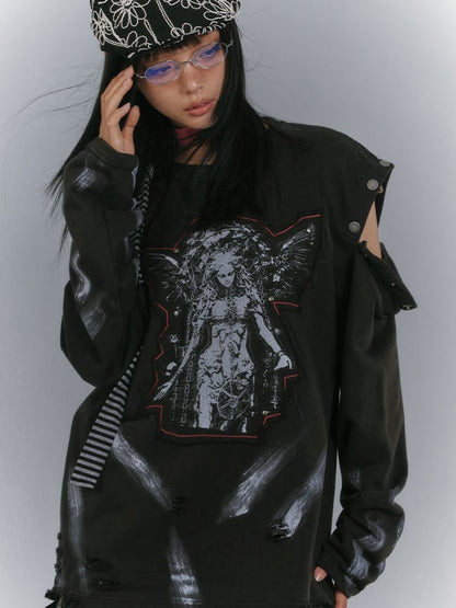 Distressed Sweatshirt Design Black Cutout Shoulder Faded Wash Applique