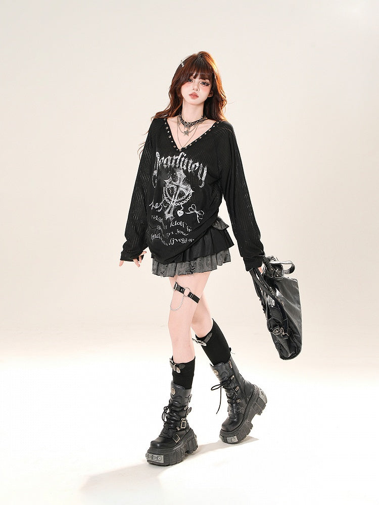 Vネック クロスプリント サンプロテクション カバーアップ ブラック/ホワイト