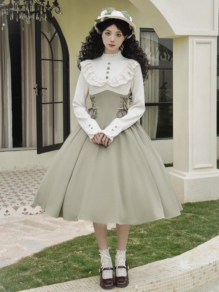 Light Green and Beige Ruffle Neckline Long Sleeves Spring Classic Lolita Dress Fake Two-pieces