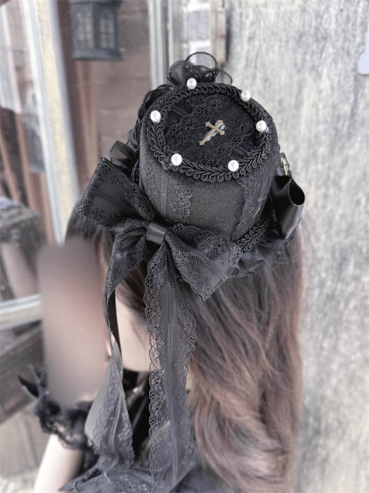 Mini-Hut, schwarze Spitze, Schleife, Perle