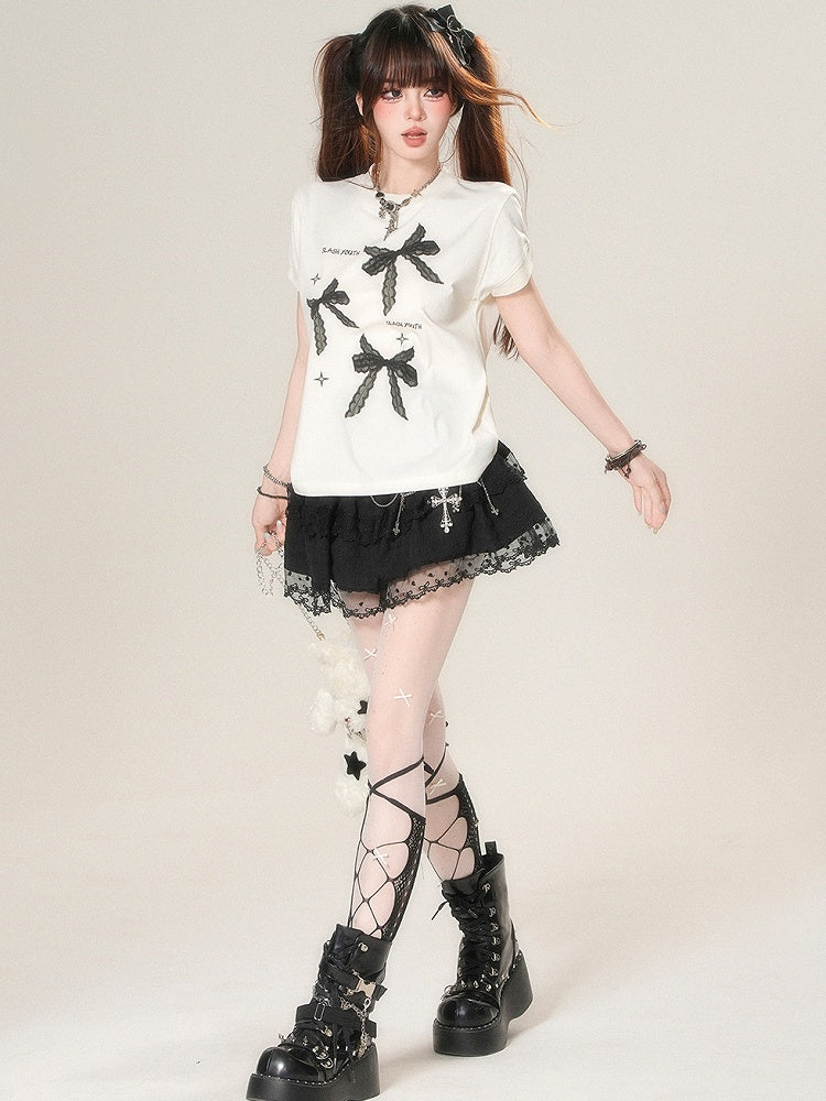 White/Black Daily Print Bowknot Kawaii T-shirt