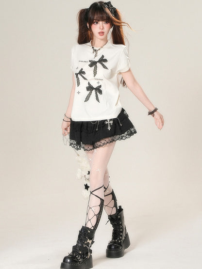 White/Black Daily Print Bowknot Kawaii T-shirt