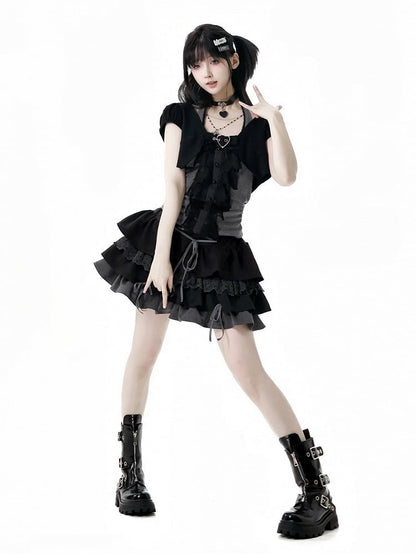 Skirt Cropped Top+Halter Neck Top+Tiered Sleeves Y2K Black and Gray Three Pieces Set - Short
