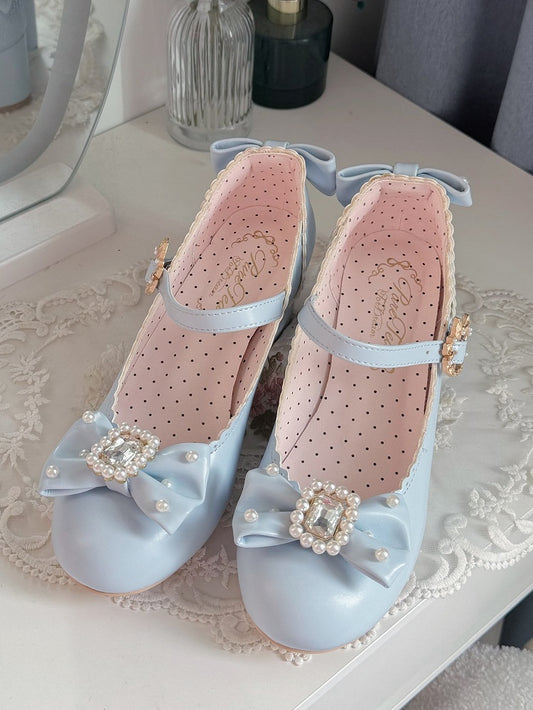 Round Mary Toe Decorated Lolita Rhinestone And Details Bowknot Janes Beaded Blue Shoes