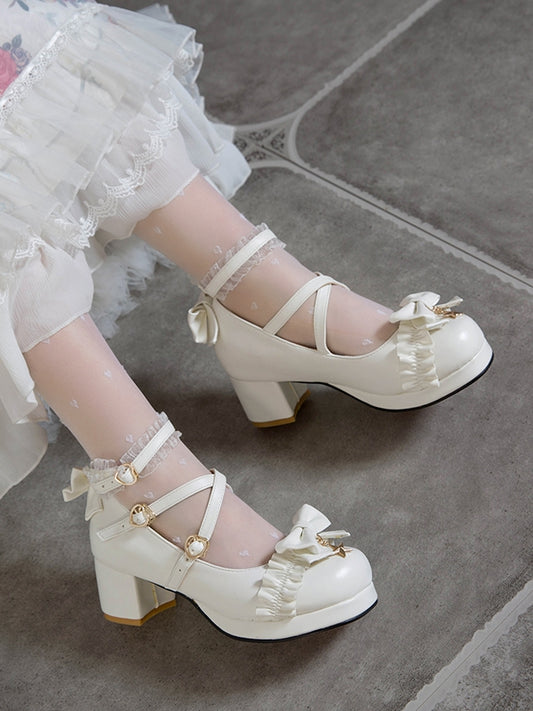 Block Heels with Charm Star Heart White Trim Buckles Lolita Ruffles Top Mid Bow