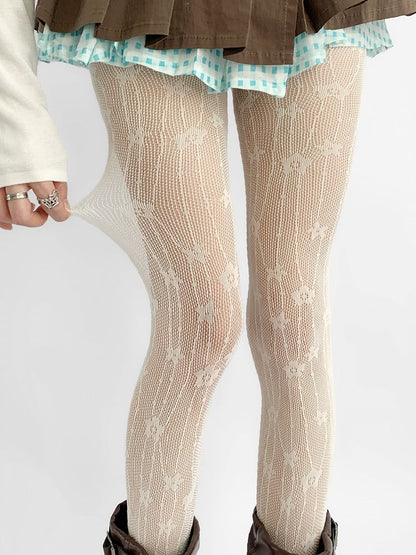 Beige Design Floral Details Hollow-out Tights
