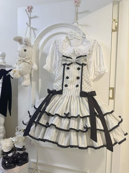Black Lace Accents Ruffle Sweet Striped Dress Trim with Bow and Layered Overall Lolita