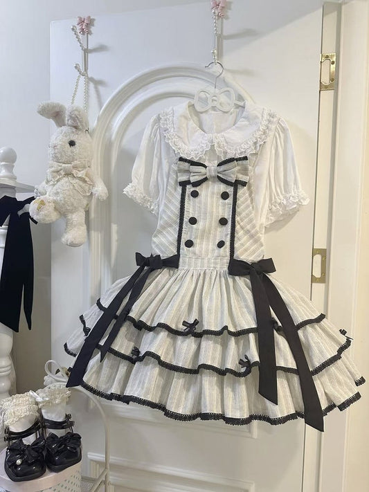 Black Lace Accents Ruffle Sweet Striped Dress Trim with Bow and Layered Overall Lolita