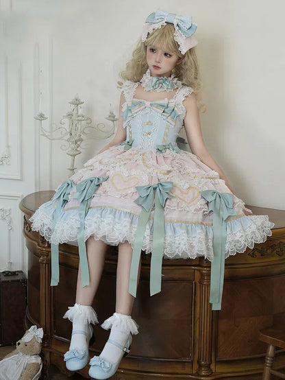 Mint Green Bows Pink and Blue Sweet Lolita Corset Dress with Choker