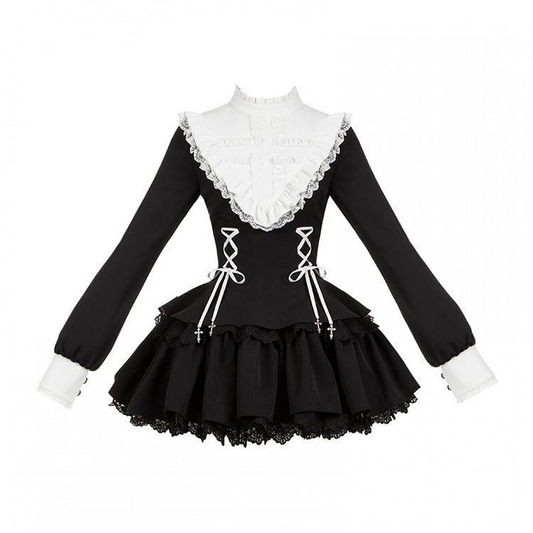 Lolita Kleid Charm Kreuz Schnürung Träger Ausschnitt Gothic Schwarz Rüschen Weiß