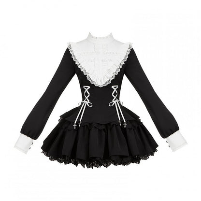 Lolita Kleid Charm Kreuz Schnürung Träger Ausschnitt Gothic Schwarz Rüschen Weiß