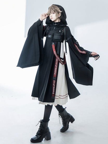 Futuristic and Dress Buckle Details White Black Techwear JSK Pleated