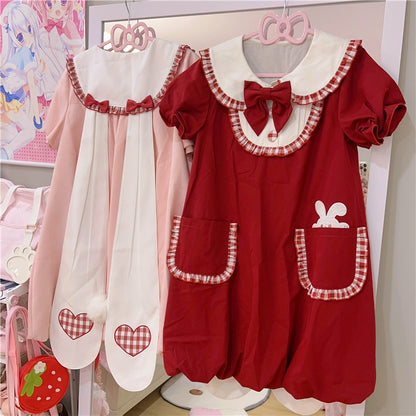 Wine Red Bunny Ears Peter Pan Collar Bubble Skirt Dress