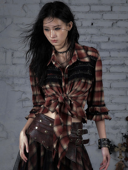 Ödland Hemd Muster Punk Trim Plaid Spitze Rot