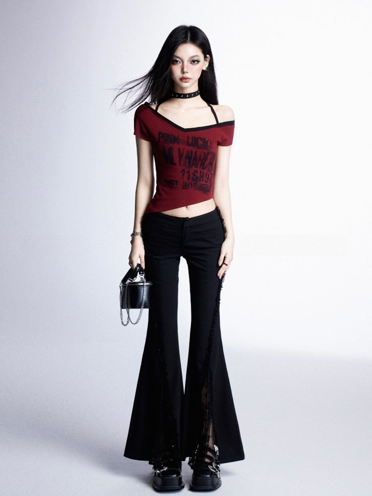 Lace Patches Cuffs Hem Glamorous Waist Raw Black Low Flared Pants