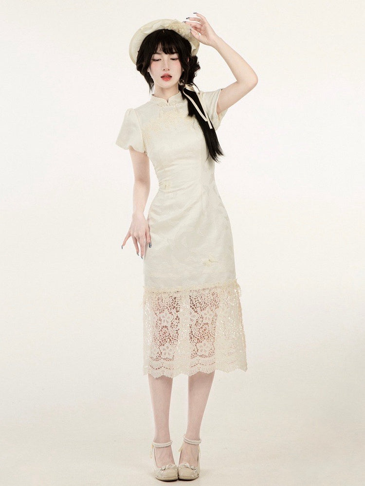 Slit Panel Banded Hem Side Dress Lace Qi Lolita Collar Butterfly Qipao Jacquard