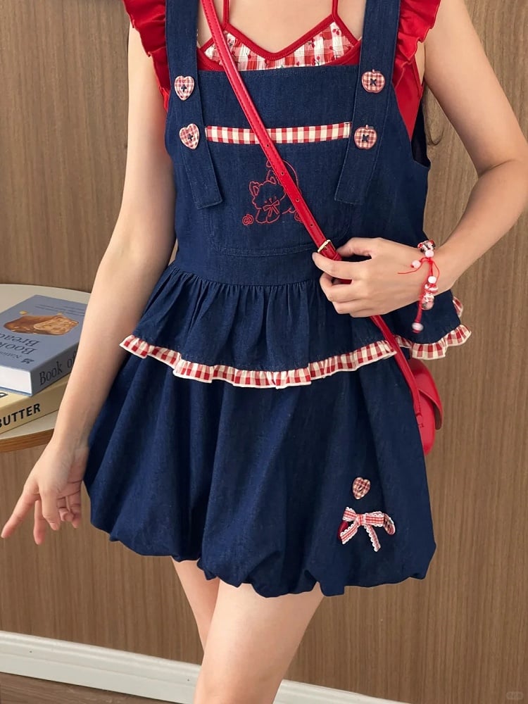Red Plaid Hem Kitty Embroidery Buttons Heart Blue Sleeveless Top