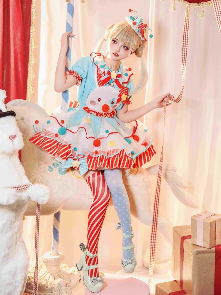 Circus Green Lolita Dress and Clowncore Sweet Pastel Bodice Overalls Bunny Orange Clown Fleece