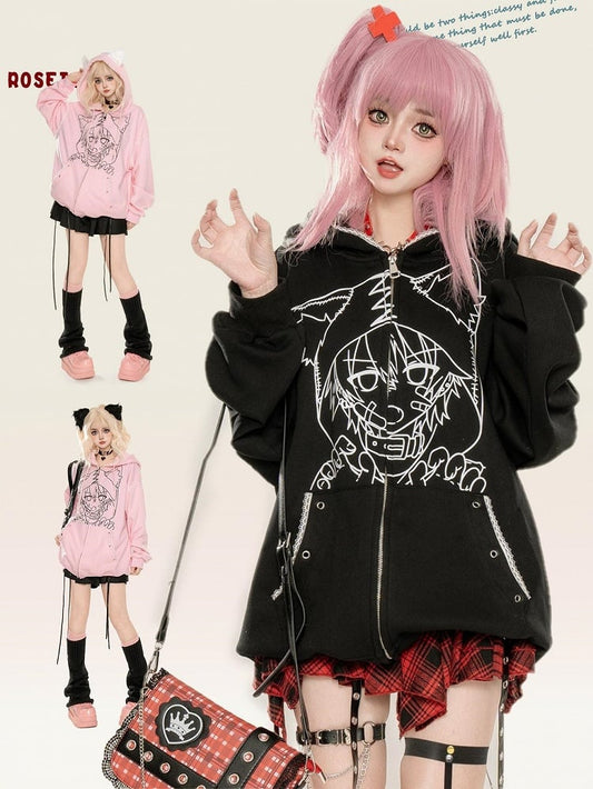 Punk Black/Pink Anime Girl Print Cat Ears Zip Hoodie