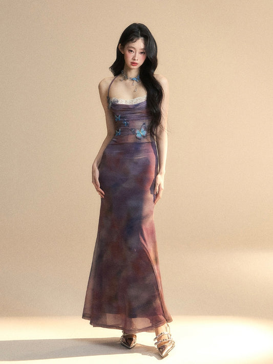 Accents Halter Purple  Slip Dress Patches Butterfly Lace Neck Glamorous
