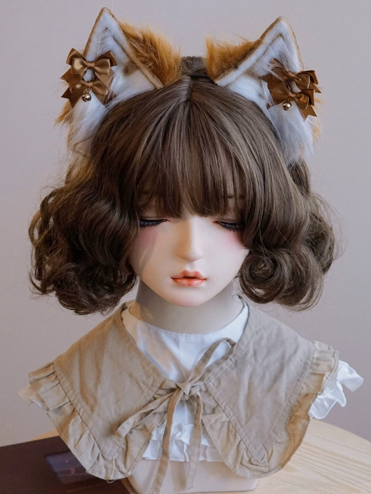 Bowknot Charm Ear Plush Brown Details Bell Cat KC
