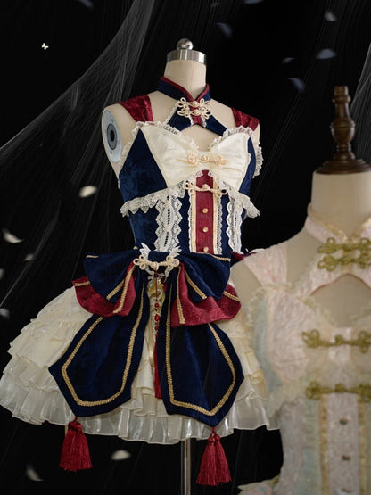 Dark Blue and Red Detachable Collar Qi Tiered Ruffles Jumper Skirt