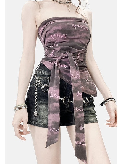 Purple Dye Strap Hem Top Y2K Asymmetrical Bittersweet Tube Self-tie Tie