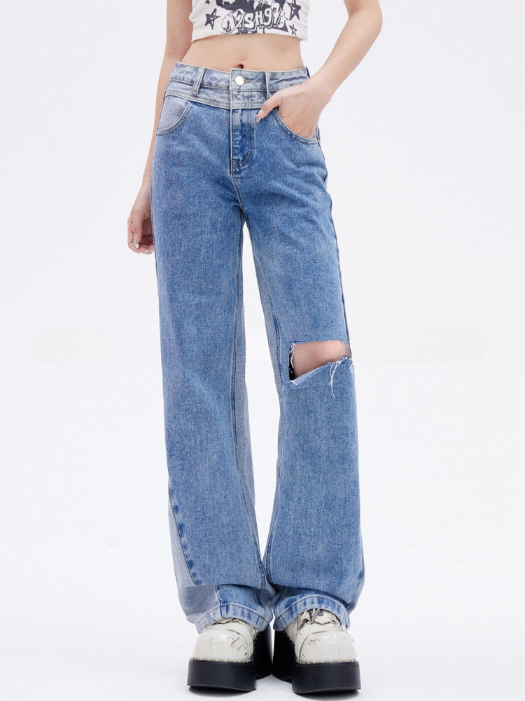 Blue Distressed Hole Jeans Slim-fitting Straight-leg