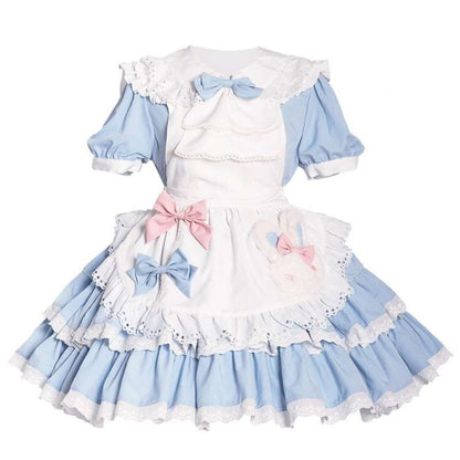 Blue and White Bunny Theme Tiered Ruffles Maid Lolita Dress