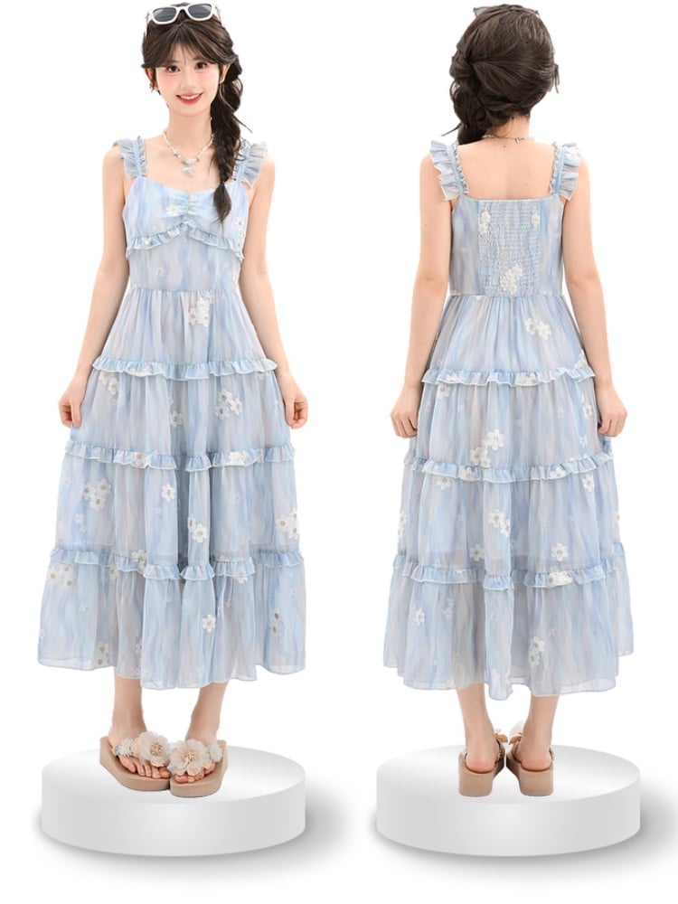 Floral Embroidery Tiered Blue Chiffon Flutter Skirt Sleeves Sleeveless Dress