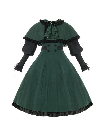 Dark Academia Green and Black Leg-of-Mutton Sleeves Lolita Dress