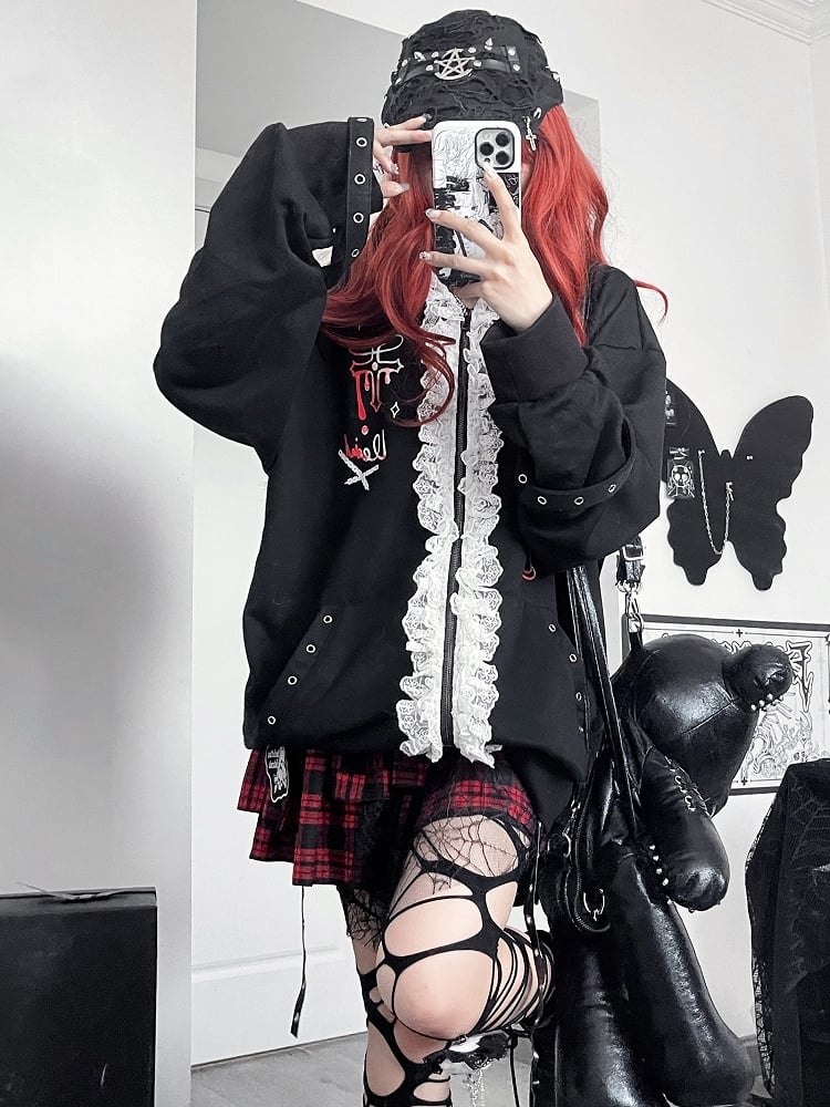 Y2K Black Cat Ears Design Hood Lace Trim Zip Hoodie