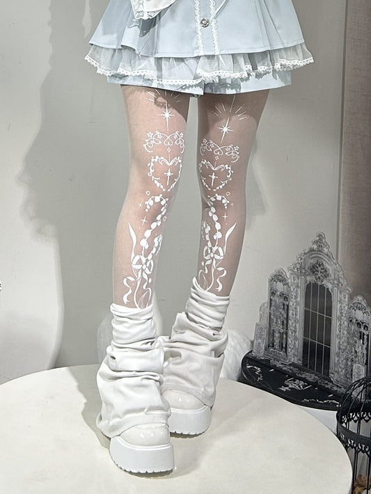 Tights Gothic Lily of the Valley and Cross Print Shiro Lolita
