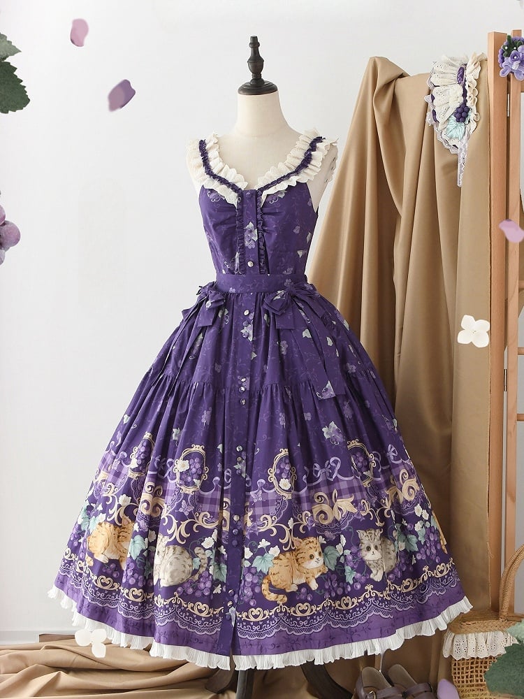 Purple Lolita Scalloped Neckline Eyelet Trim Print Cami Grapes Top