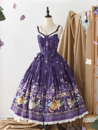 Purple Lolita Scalloped Neckline Eyelet Trim Print Cami Grapes Top