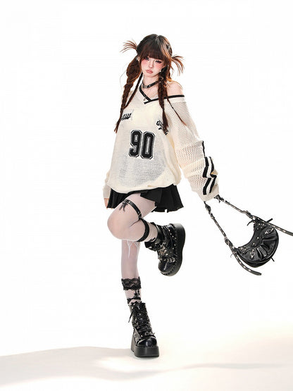 Black/White Asymmetrical Neckline Sun Protection Hollow-out Top
