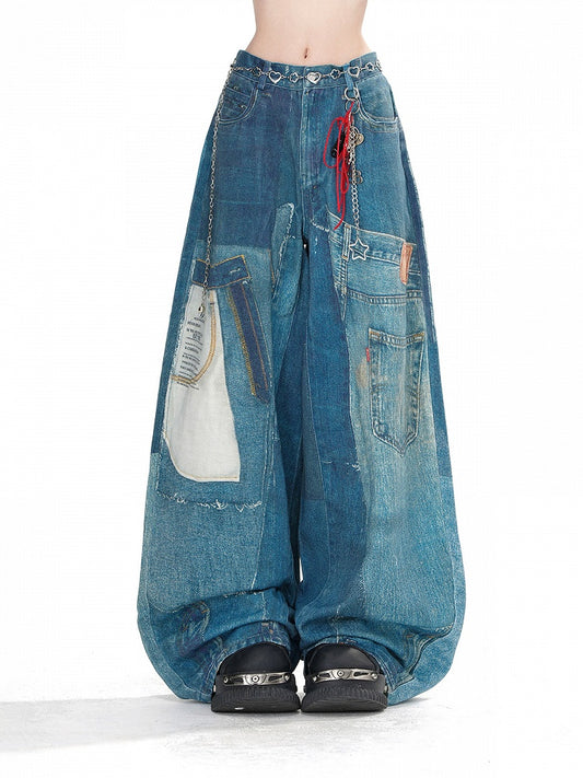 Wash Faded Pockets Wide-Leg Cut Jeans Denim Blue