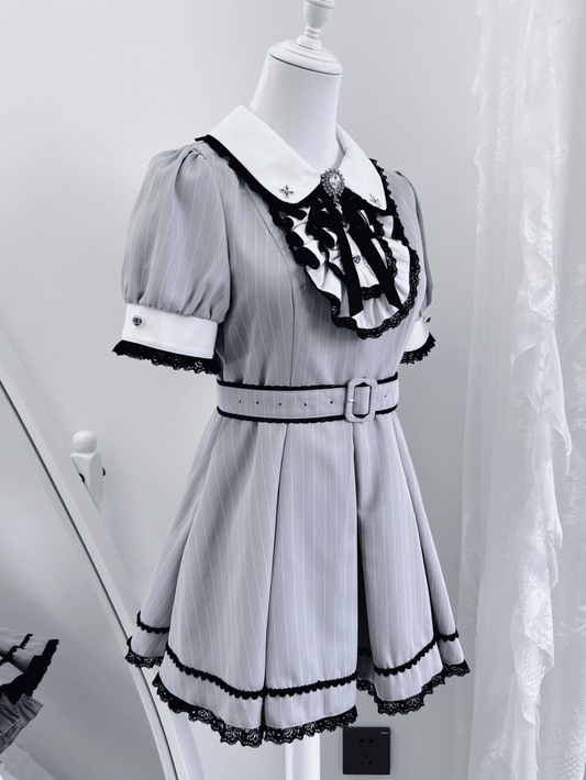 Shorts Pan Gray White Kei Stripes Collar Maid with and Set Peter Jirai Top