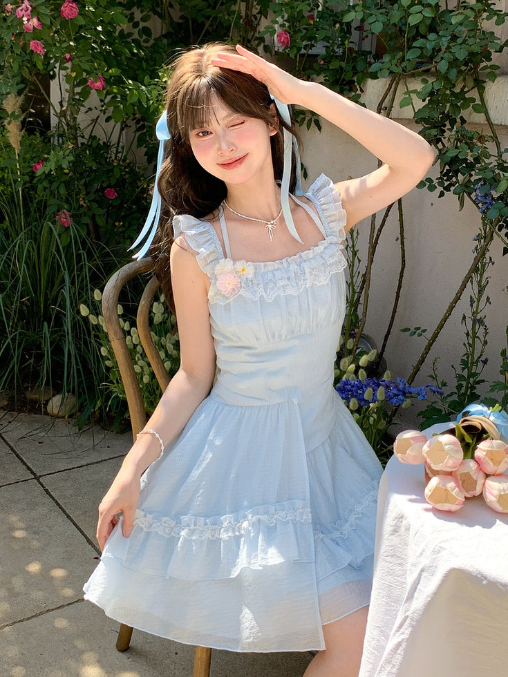 Sleeves Light Blue Flutter Dress Skirt Asymmetrical Chiffon Halter Neck Tiered