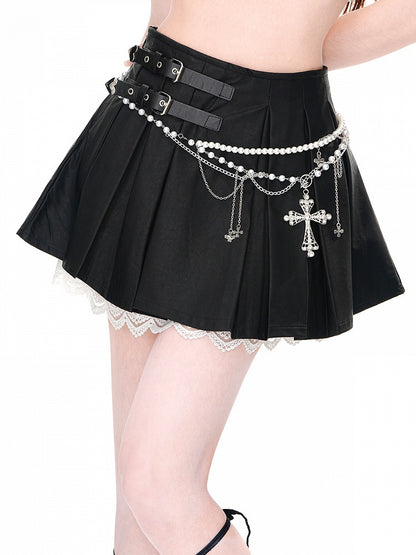 Waist Black High Box Double Buckle Lace Trim Pleat Skirt