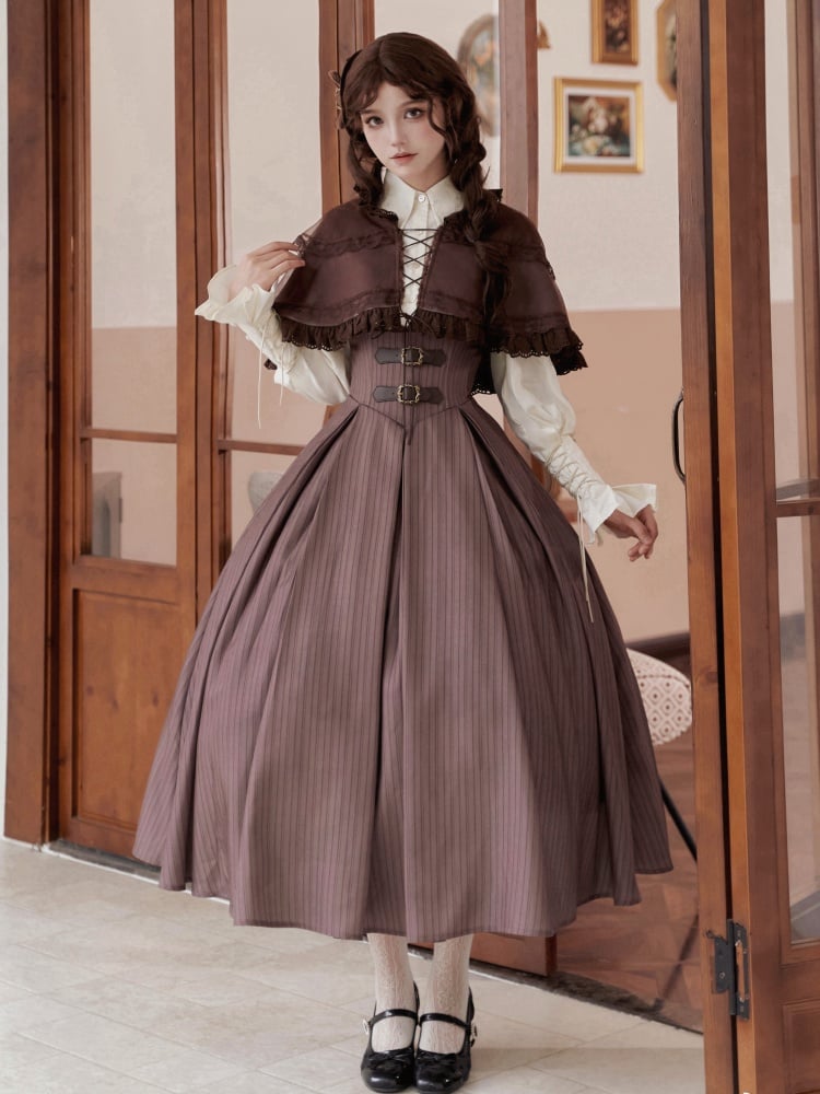 Brown Long Version Under Bust Elegant Classic Lolita JSK + Shirt + Mini Hat + Brooch + Necklace