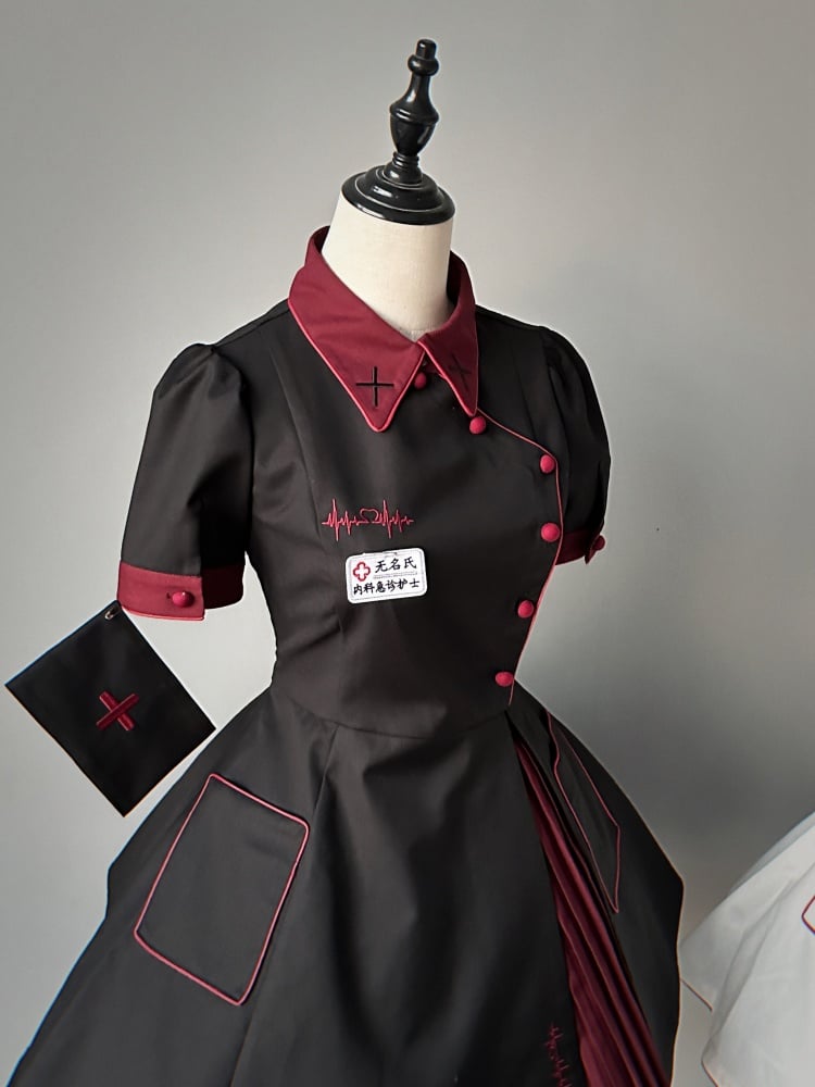 Black and Red Halloween Costume Nurse Lolita Dress Full Set