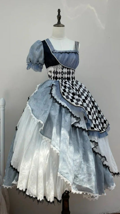 Blue Asymmetrical Design Checkerboard Pattern Lolita Dress Long Version