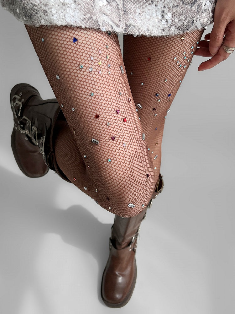 Fishnet White/Brown Rhinestone Tights Decorated