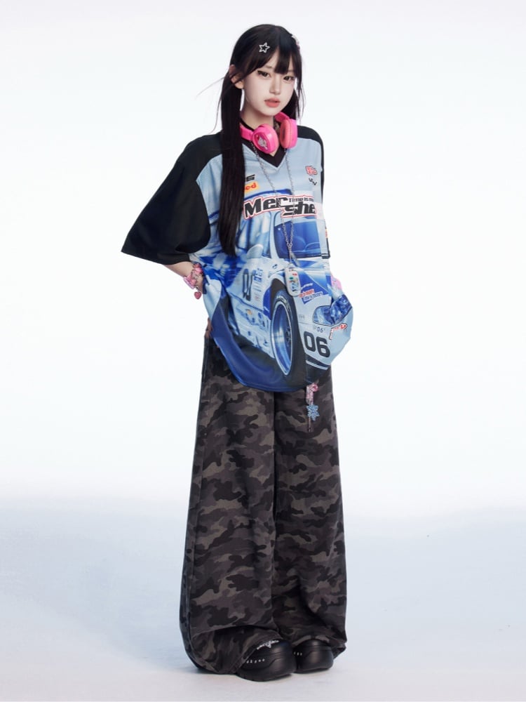 Blue Black and T-shirt Colorblock V-neck Racing Print Loose Design