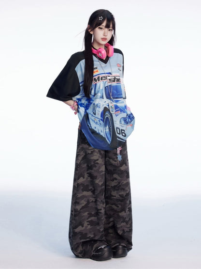 Blue Black and T-shirt Colorblock V-neck Racing Print Loose Design