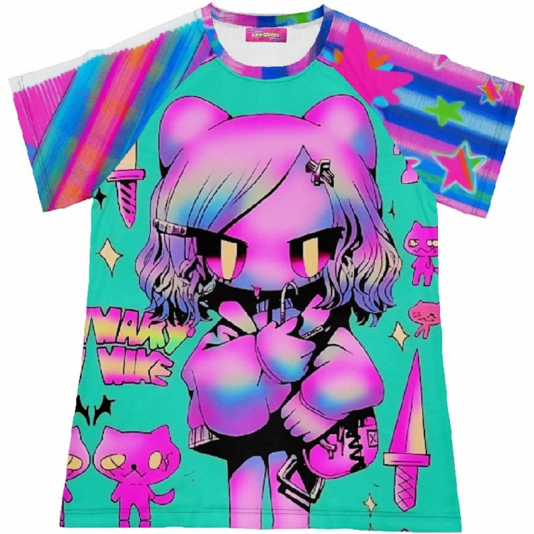 Gyaru Colorful Cartoon Short Striped Fashion Pattern Print Sleeve T-Shirt