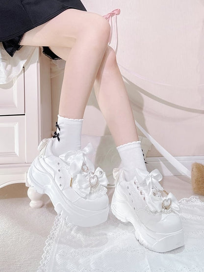 Beaded Platforms White PU Lace-Up Sparkling Jirai Rhinestone Heart Kei Detachable Leather - Bow Decor